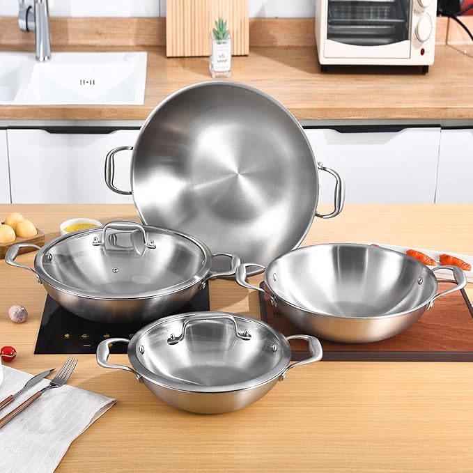 LOLYKITCH 12-Inch Stainless Steel Wok with Lid | 5-Quart | Dual Handles | Uncoated Tri-Ply Stir Fry Pan | Everyday Cooking Wok for Induction | Flat Bottom | PFOA-FREE | 3-4 Servings ﻿