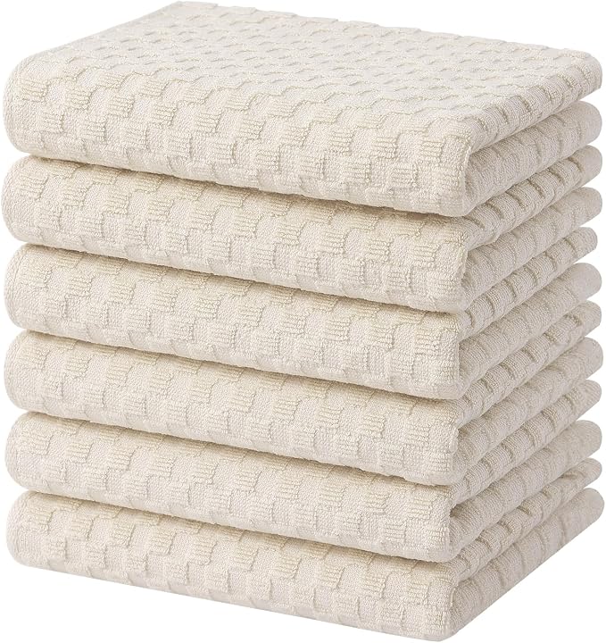 Homaxy 100% Cotton Terry Kitchen Towels(15" x 25", 6 Pack), Beige | Soft and Super Absorbent Dish Towels, 380 GSM Reusable Tea Towel with Hanging Loop, Pineapple Grid Designed