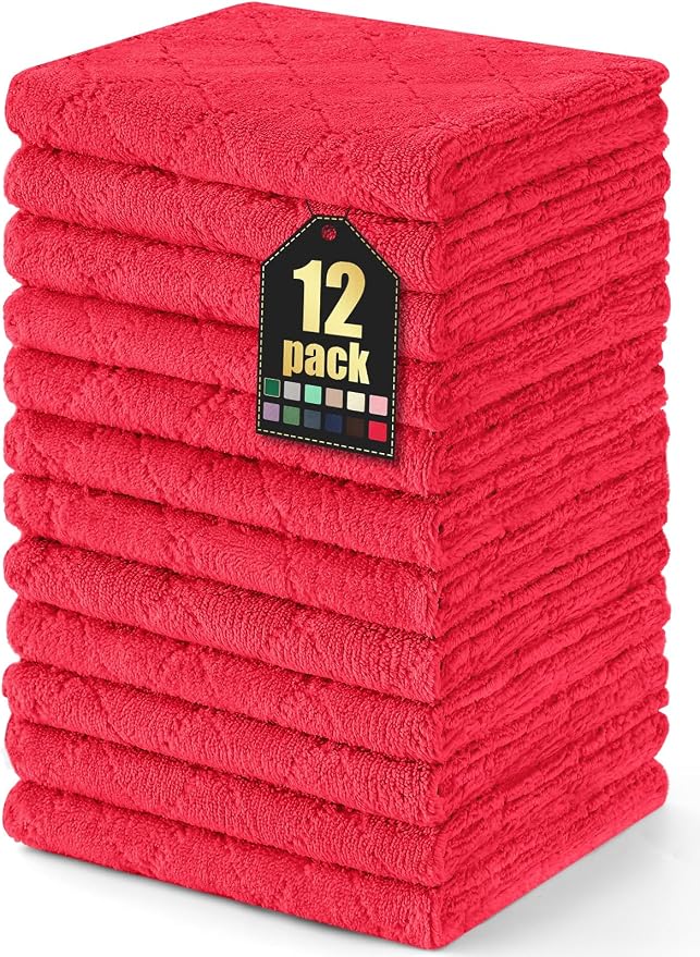 Homaxy 12 Pack Super Soft Absorbent Dish Cloths, 13" x 19", Red | Coral Velvet, Nonstick Oil Fast Drying Microfiber Cleaning Cloth, No Lint Dishcloths for washing and drying