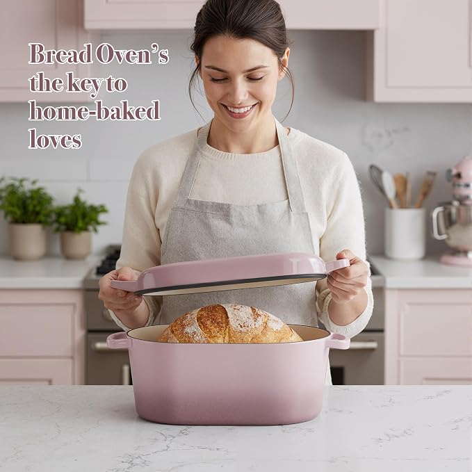Dutch Oven for Bread Baking, 3.4 QT Bread Dutch Oven for Sourdough,Enamelled Cast Iron Bread Oven with Lids, Heavy-Duty Non Stick Sourdough Loaf Pan, Meatloaf Pan, Pink