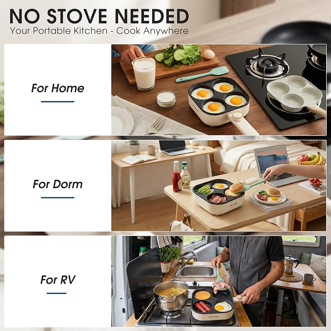 Electric Egg Pan Nonstick: No Stove Needed 900W 4-Cup Omelette Pan | Granite Material, 2 Power Adjustable, Breakfast Non Stick Frying Pans Skillet for Eggs, Pancakes, Crepes, Plett and More