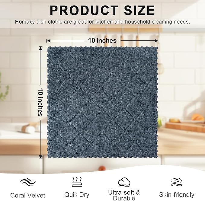 Homaxy 24 Pack Super Soft & Absorbent Dish Cloths, 10" x 10", Dark Grey | Coral Velvet, Nonstick Oil Fast Drying Microfiber Cleaning Cloth, No Lint Household Dishcloths