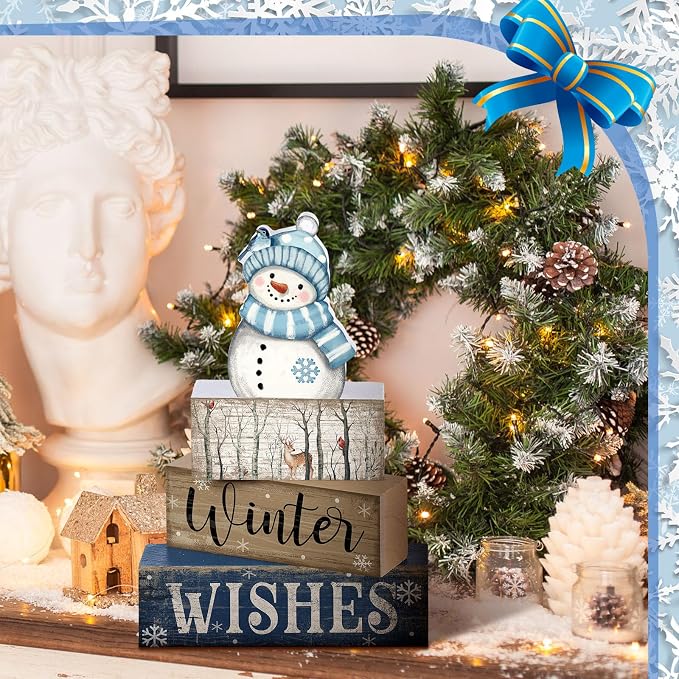 Lineshading 4 Pcs Snowman Table Decor Christmas Snowman Wooden Block Sign | Winter Tiered Tray Decor, Rustic Winter Table Centerpiece, Blue and White, Farmhouse Home Decoration for Kitchen Shelf