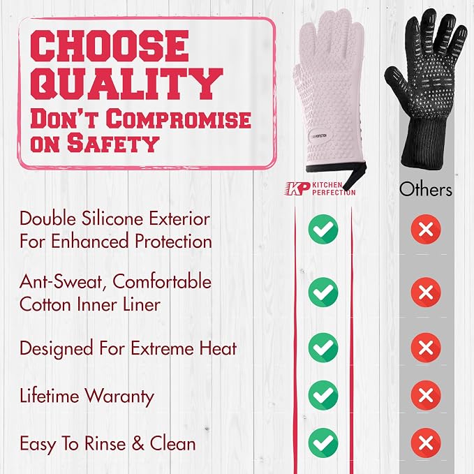KITCHEN PERFECTION S Silicone Smoker BBQ Gloves - Heat Resistant Oven Mitts | Made For Women, Waterproof, 5-Finger Design For A Better Grip, For Meat Smoking, Grilling, Cooking, Frying Turkey, Grill Gift