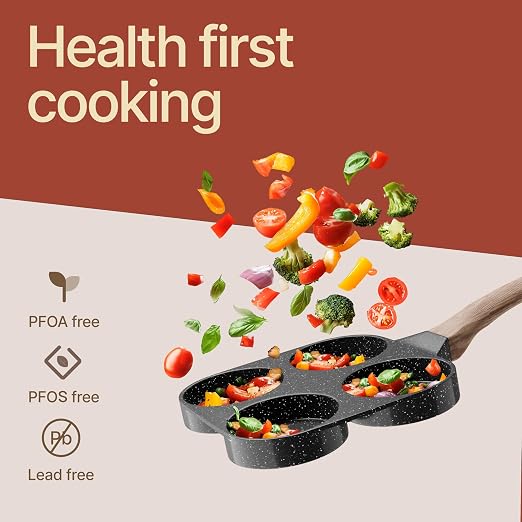 4-Cup Nonstick Frying Egg Pan Gray Marble, Granite Pancake Pan, PFOS & PFOA Free, Die-Cast Aluminum with Heat-Resistant Handle, 500°F Stove-Safe, Compatible with Induction, Gas & Electric Cooktops
