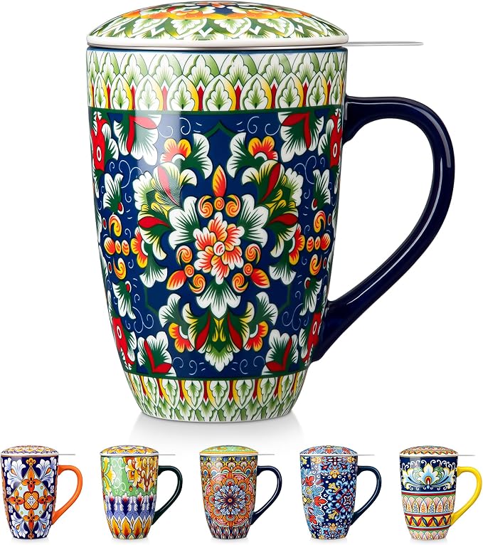 vancasso Ceramic Tea Mug with Infuser and Lid, 18 Ounce Bohemian Loose Leaf Cup, Microwave & Dishwasher Safe, Perfect for Tea, Coffee, Sage-Scarlet Floral