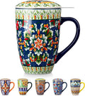 vancasso Ceramic Tea Mug with Infuser and Lid, 18 Ounce Bohemian Loose Leaf Cup, Microwave & Dishwasher Safe, Perfect for Tea, Coffee, Sage-Scarlet Floral