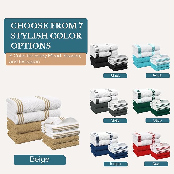 Casa Platino Kitchen Towel Set 8 Pc 4 Dish Towels for Kitchen (16"x26") & 4 Dishcloths (13"x13") - Soft, Absorbent Tea Towels & Quick Drying Dish Rags With Hanging Loops For Drying Cookwares - Beige.