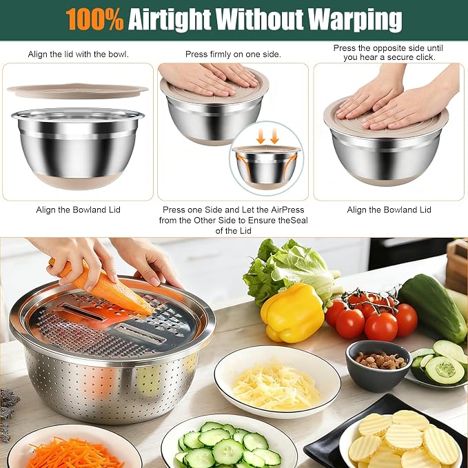 Stainless Steel Mixing Bowls Set with Lids & Silicone Base - 7-Piece Kitchen Gadgets Includes Colander, Grater, Egg Separator, Whisk - Nesting Bowls (1.5, 2, 2.5, 4.5 QT), Dishwasher Safe, Khaki