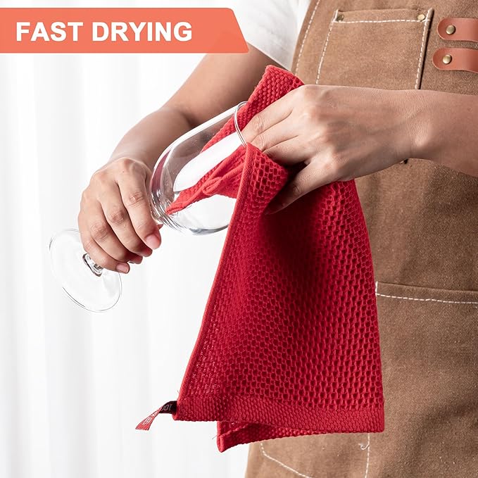 BOOMIBOO Kitchen Towels 6-Pack Kitchen Dish Cloths,100% Cotton,12x12 in,Red | Towels Waffle Weave,Ultra Soft Absorbent, Quick Drying