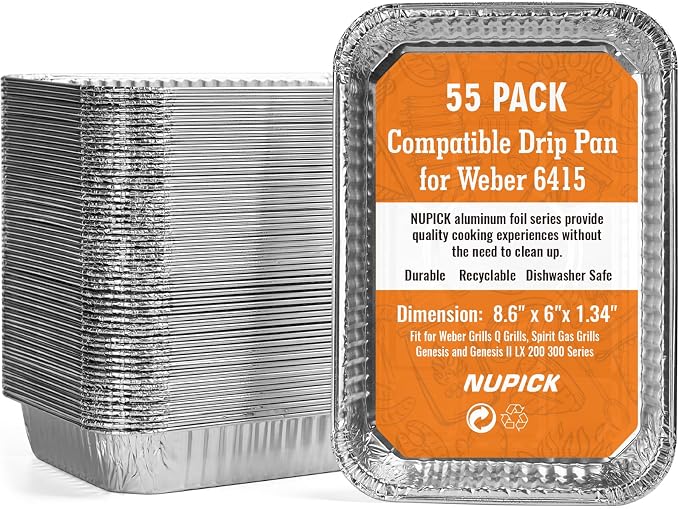 NUPICK 55 Pack 6415 Drip Pans Compatible for Weber Spirit Series, Genesis Series, Q Series Grills, Disposable Aluminum Foil Grease Trays, 8.5" x 6" | Aluminum Pans for Weber Spirit, Genesis Series, Q Series Grills, Disposable Aluminum Foil Grease Trays...