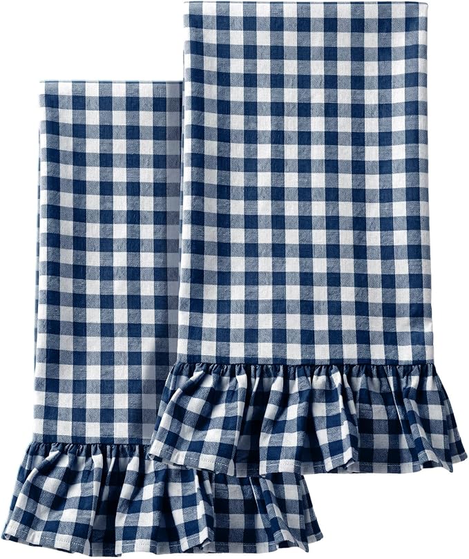 HunnmingRe 2 Pcs Navy Blue Gingham Kitchen Towels Cotton Ruffled | Checked Dish Towels 18"x28" Tea Cloths Plaid Cottage Core Kitchen Decor for Farmhouse Charm Drying Dishes Entertaining Guests