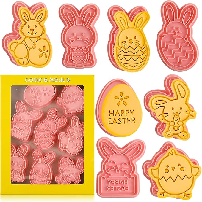 Easter Cookie Cutters Set, 8 Pcs Cookie Cutter with Plunger Stamps | 3D Cookie Stamps for Easter Biscuit Snacks Cheese Baking, Different Shapes, Rich Details and Textures