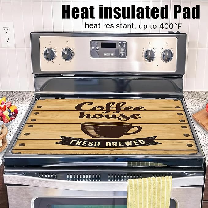Coffee Cup Glass Top Stove Cover Protector,Rustic Wood Board Heat Resistant Stove Top Cover, Large Size Range Covers for Electric Stove Countertop Mat, 28 x 20 Inch
