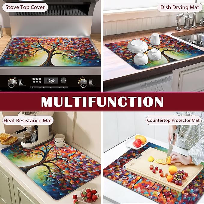 Tree Of Life Electric Stove Top Cover Protector,Colorful Abstract Glass Flat Top Stove Mat,Heat-Resistant Oven Induction Cooktop Mat for Ceramic Countertop Mats Dish Drying Mat
