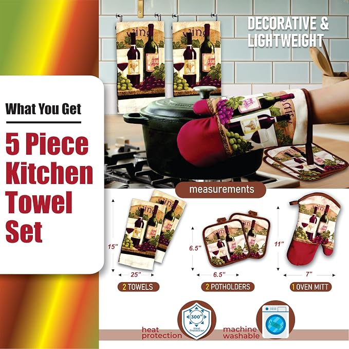 Wine Lover's 5-Piece Kitchen Towel Set | Kitchen Towel Set with 2 Decorative Dish Towels (25 X15), 1 Oven Mitt (11 X 7) and 2 Potholders (6.5 X 6.5)