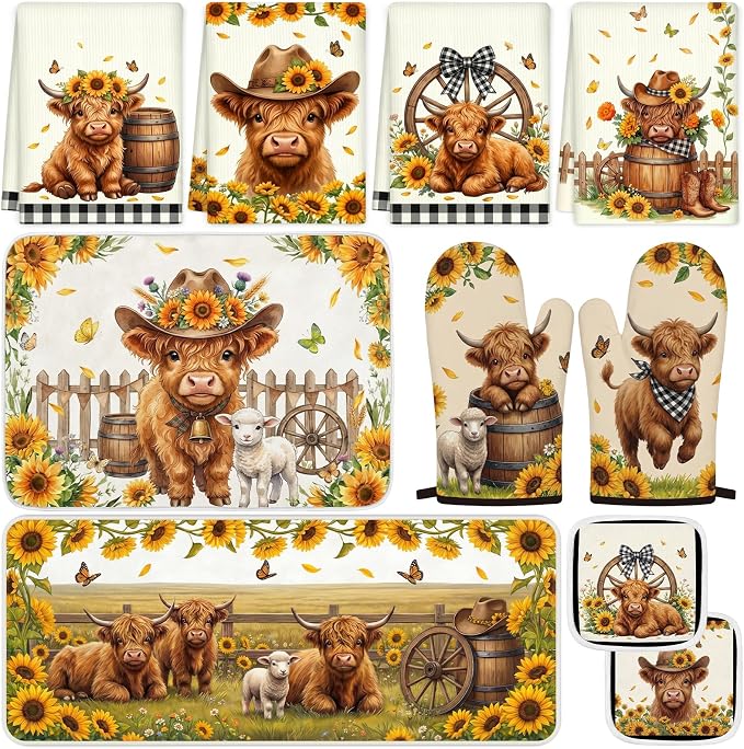 10PCS Highland Cow Kitchen Decor Set, Sunflower Towels Pot Holders Oven Mitts Mats for Home Baking Gifts