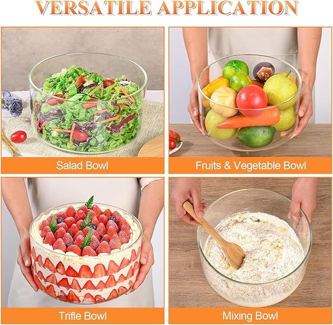 LOVYANXUE 155 oz Glass Trifle Bowl with Lid, 9 inch Large Salad Bowl, Versatile Mixing and Serving Dish for Fruit, salad, Cake, Cupcake, Baking, and Dessert, Airtight & Leakproof, Oven, Microwave Safe