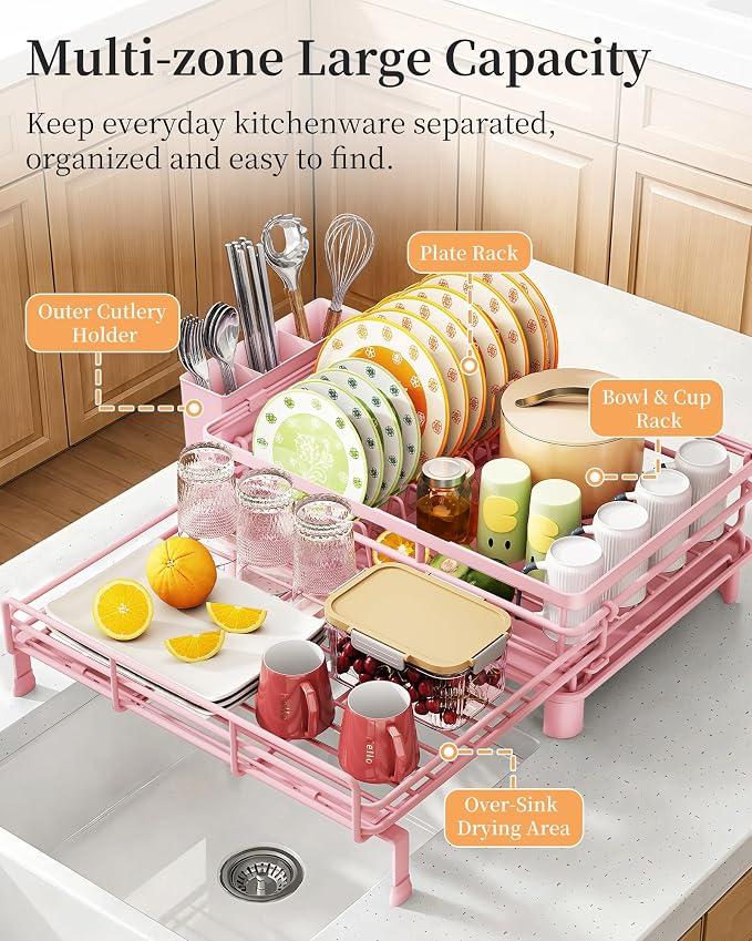 SAYZH Expandable Dish Drying Rack for Kitchen Counter, Metal, Pink | Foldable Over Sink, Large Capacity, Rust-Resistant, Adjustable for Most Sinks, Automatic Drainage, Removable Utensil Holder