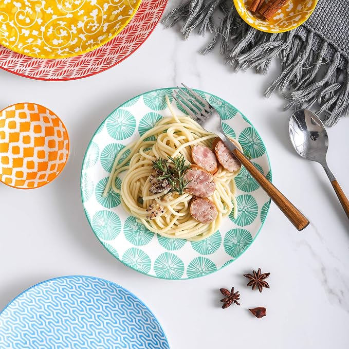 Selamica 8 inch Porcelain Dinner Plates, Large Size Serving Plate for Salad, Pancakes, Steak, Set of 6, Assorted Colors