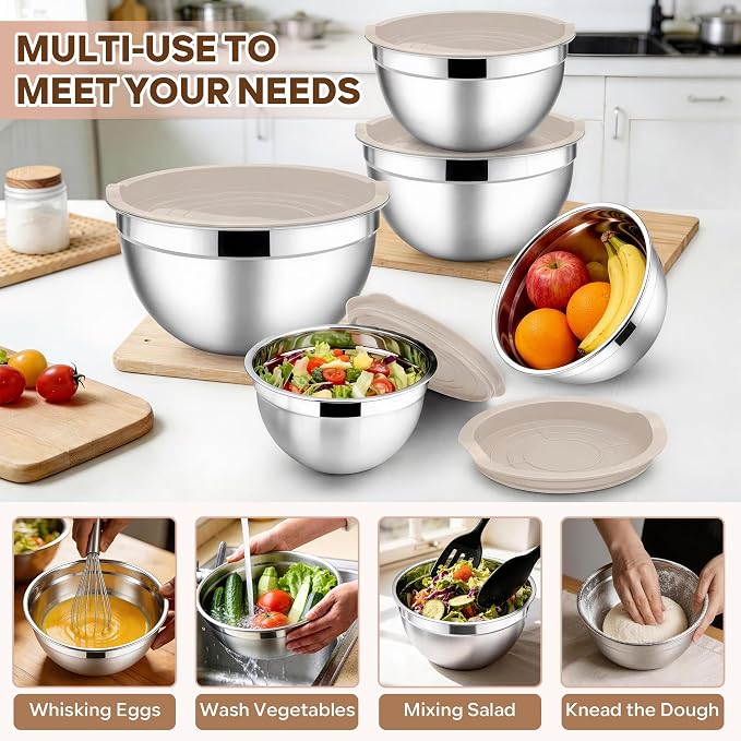 E-far Mixing Bowls with Lids Set, Stainless Steel Cooking Salad Bowl, Khaki | 10-Piece Metal Nesting Bowls with Airtight Lid for Kitchen Storage, Baking & Prepping, Dishwasher Safe, 0.7/1.5/2.1/3/4.6 QT