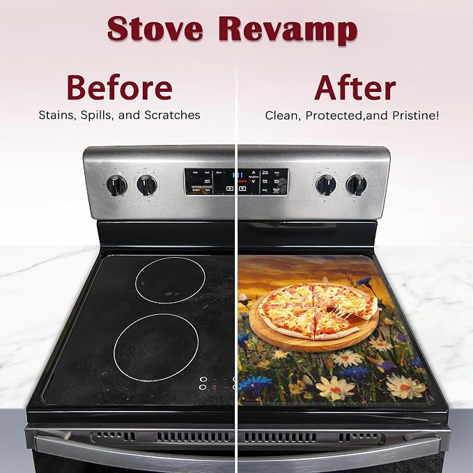 Electric Stove Top Cover Protector,Watercolor Daisies Flowers Glass Flat Top Stove Mat,Heat-Resistant Oven Induction Cooktop Mat for Ceramic Countertop Mats Dish Drying Mat