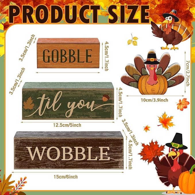 Lineshading Wooden Turkey Thanksgiving Decor Gobble Fall Table Sign Rustic | Stacked Blocks with Wobble Phrase, Rustic Farmhouse Style for Tiered Tray Centerpiece, Harvest Autumn Kitchen Table Accents