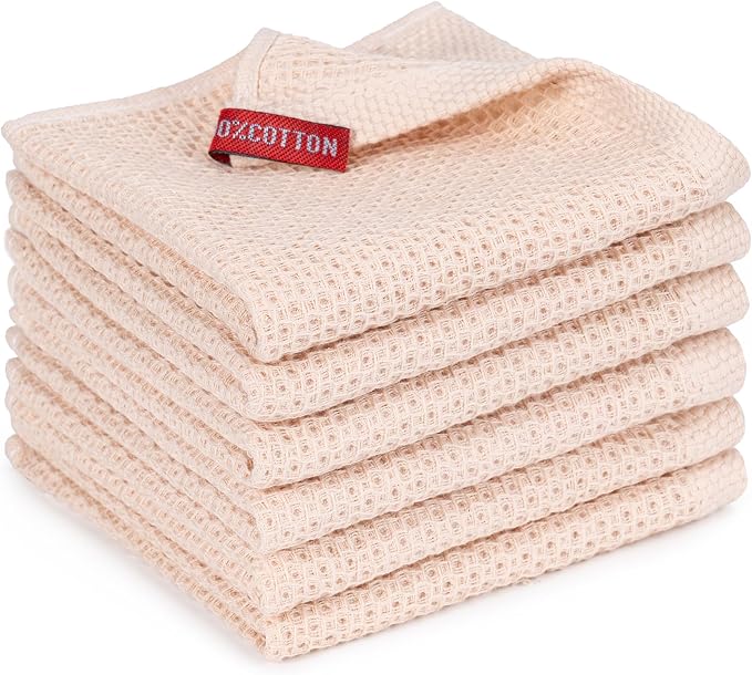 Kitchen Towels 6-Pack Kitchen Dish Cloths,100% Cotton,12x12 In,Beige | Towels Waffle Weave,Ultra Soft Absorbent, Quick Drying
