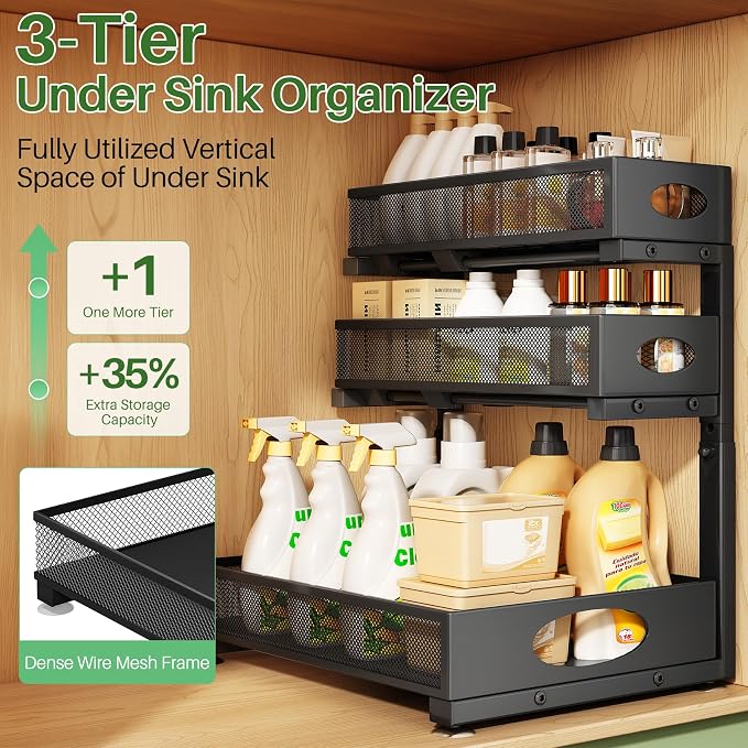 Kitstorack Under Sink Organizer 3-Tier Slide Out Drawer 2-Pack Black | Height Adjustable, Metal Mesh Storage Rack, Pull out Cabinet Organizer Shelf for Bathroom Kitchen Pantry Home Organization