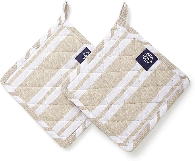Encasa XO Pot Holders, Quilted Kitchen Hot Pads 8"x8" Franca Beige Stripes | 100% Eco-Friendly Cotton | Thick Cotton Padding Insulation | Convenient Hanging Loop | Set of 2