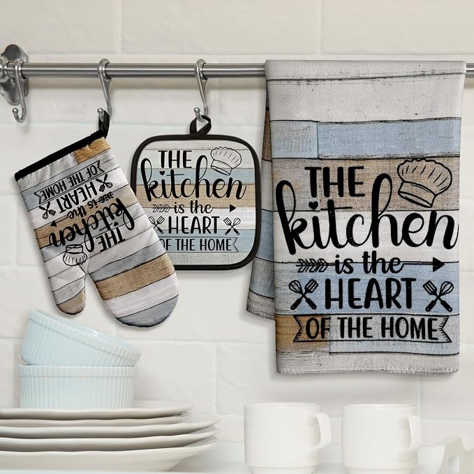 Sratte 6 Pcs Kitchen Decor Accessories Set, Kitchen, Brown Green | Farmhouse Kitchen Towels Pot Holders Oven Mitts Set 2 Dish Towels 2 Potholders 2 Cooking Mittens for Baking Cooking Supply