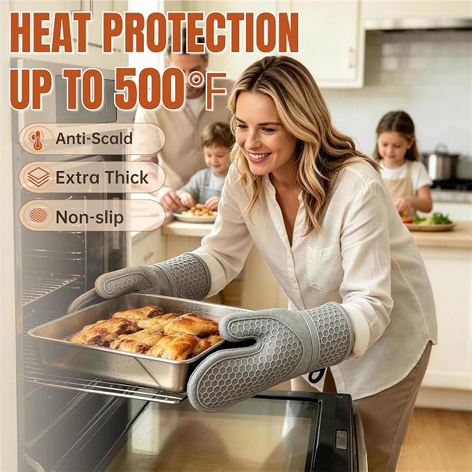 2-Pack Silicone Oven Mitts, 500°F Non-Slip Washable Heat Resistant Gloves, Grey