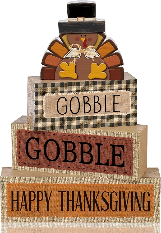 Lineshading 4 Pcs Fall Table Decorations Wooden Thanksgiving Turkey Decor | Turkey Tiered Tray Decor for Fall, Wooden Stacked Signs with Happy Thanksgiving Sayings, Rustic Autumn Tabletop Accents