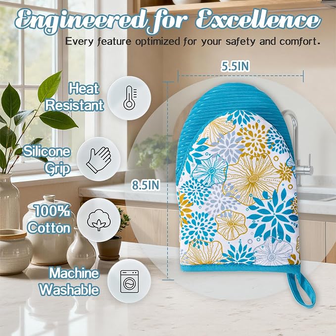 Ribbed Mini Oven Mitts 2-Pack Set, 5.5"x8.5", Teal Mandala Printed, Heavy Duty Cotton, Non-Slip Heat Resistant Soft Silicone Oven Mitts with Hanging Loop for Cooking Kitchen Decor