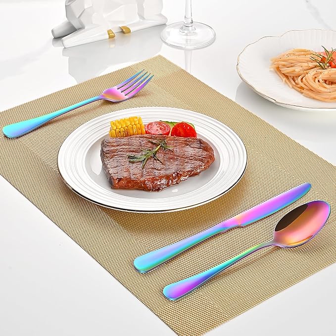 Colorful Rainbow 30 Pieces Silverware Sets Service For 6,Colored Flatware Sets Contains Knife And Fork Spoons Eating Utensils Sets For Kitchen Tableware