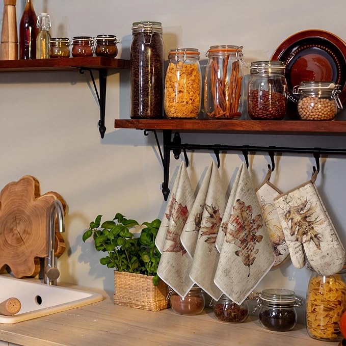 Fanfanwin 10 Pcs Fall Pumpkin Kitchen Decor Set Kitchen Towels Pot Holders Oven Mitts and Rugs Set Thanksgiving Towels for Baking Cooking BBQ Autumn Home(Sepia,Rustic Fall)