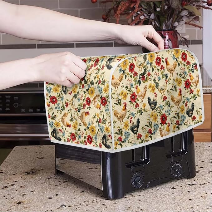 Rooster Flower Print Two Slice Toaster Cover Kitchen Small Appliance Covers Kitchen Decoration Microwave Oven Dustproof Cover Keep From Dirty Stain