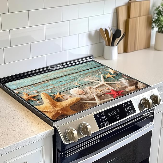 Beach Seashell Starfish Electric Stove Top Cover Protector,Blue Wooden Glass Flat Top Stove Mat,Heat-Resistant Oven Induction Cooktop Mat for Ceramic Countertop Mats Dish Drying Mat