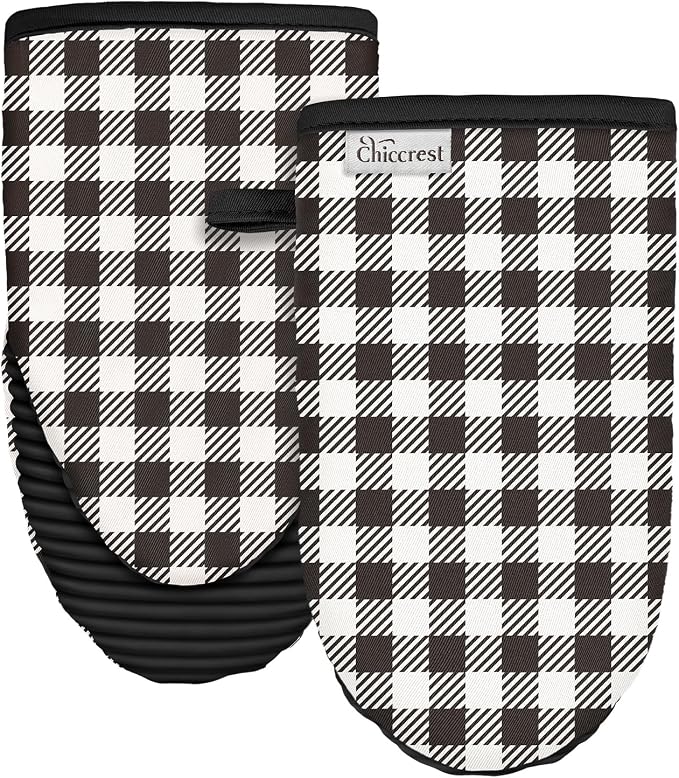 100% Thick Cotton Oven Mitts Ribbed Soft Silicone Black Gingham | Aesthetic Oven Mitts for Women, Machine Washable Non-Slip Kitchen Mitts, Reversible for Both Hands, Stylish Kitchen Decor