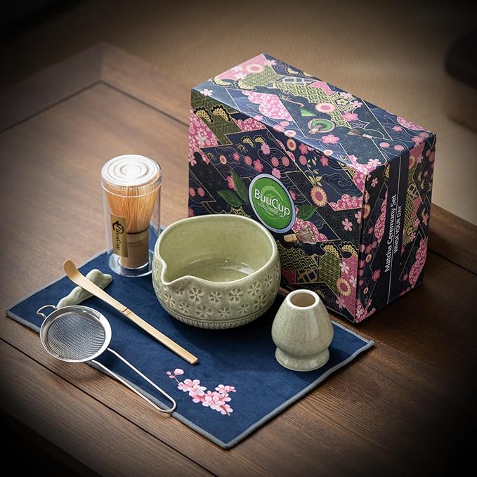 Buucup Matcha Whisk Set, Ceramic Matcha Kit Set with Bowl & Tools, Green | 7-piece set includes ceramic bowl, bamboo whisk, scoop, holder, rest, sifter and tea towel for authentic matcha preparation.