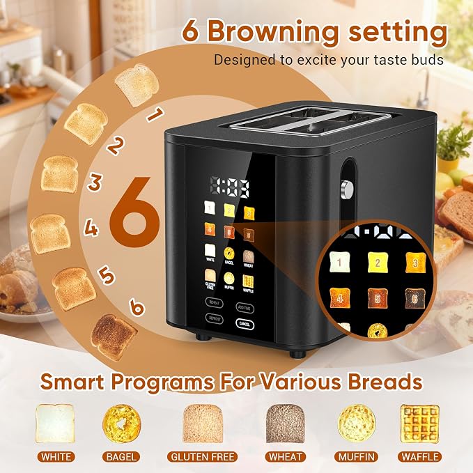Touch Screen Toaster 2 Slice Black Toaster with Digital Countdown Wide Slot LCD Display 2 Slice Toasters Smart Toasters 6 Shade Settings 6 Bread Type with Reheat/Add Time/Defrost/Cancel Function