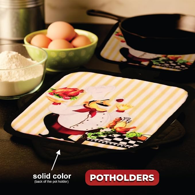 Chubby Uniformed Chef Design, 5 Piece Set | Kitchen Towel Set with 2 Decorative Dish Towels (25 X15), 1 Oven Mitt (11 X 7) and 2 Potholders (6.5 X 6.5)