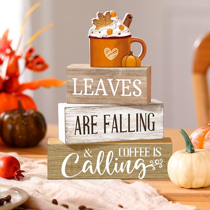 Lineshading 4 Pcs Fall Coffee Table Decor Wooden Pumpkin Latte Block Signs | Rustic Farmhouse Tiered Tray Decor, Thanksgiving Home Decorations, Pumpkin Mug Topper, Fall Coffee Bar Shelf Signs