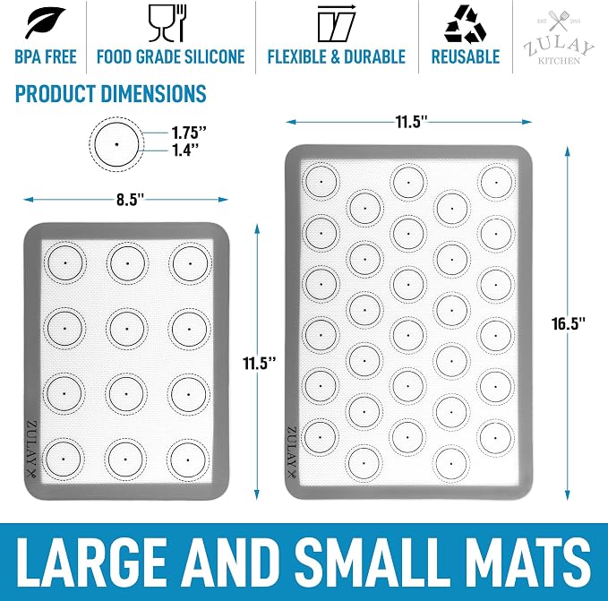 Zulay (Set of 4) Silicone Baking Mat - Macaron Silicone Baking Mats With Pre-printed Template Design - Non Stick & Reusable Silicone Baking Sheet - 2 Half Size + 2 Quarter Size (Gray)