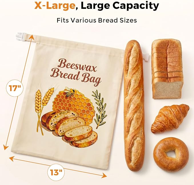 Beeswax Bread Bags for Homemade Bread - 2 Pack- Extra Large 17"×13" Reusable Sourdough Bread Bags for Storage with Zipper Closure, Keep Bread Fresh Naturally, Freezer Safe