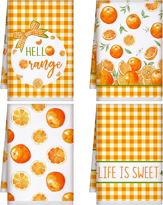 4 Pcs Orange Kitchen Towels, Citrus Grid Hand Dish Towels | Absorbent Fast Drying Dishcloth Housewarming Gift for Cooking Kitchen Decor Bathroom Home Party