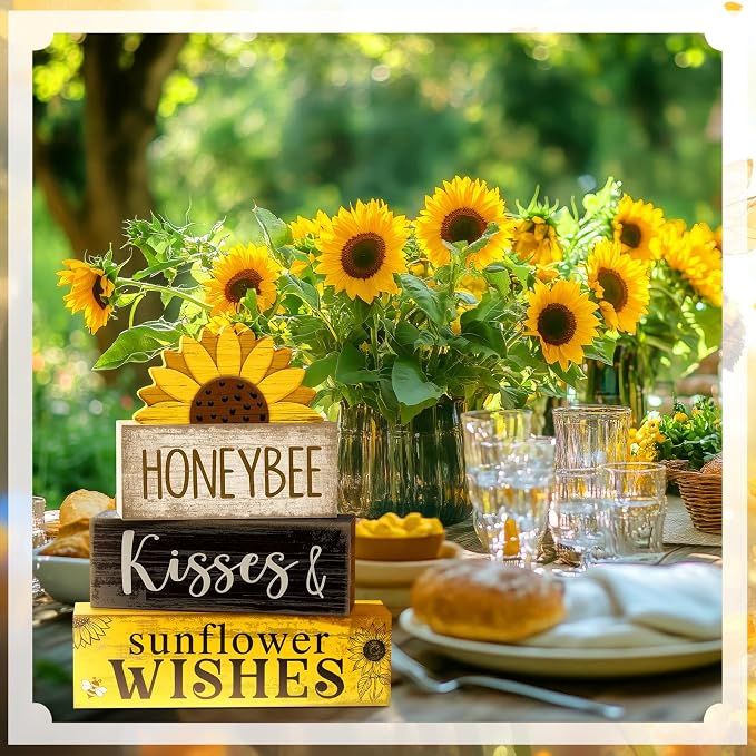 Lineshading 4 Pcs Sunflower Table Decor Farmhouse Summer Tiered Tray Decor | Stackable Rustic Block Signs with Honeybee Sunflower Wishes Theme, Tabletop Shelf Decoration for Farmhouse Gift