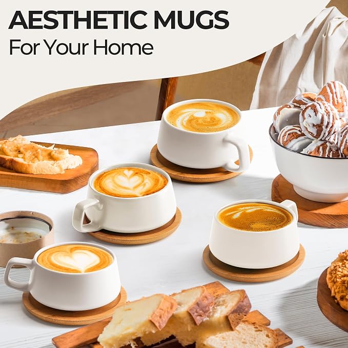 MIAMIO - Cappuccino Cup Set of 4, Ceramic (9.5oz) - Luxe (White) | Ceramic cappuccino cups and saucers, wide latte cups and mugs for Americano, 4-piece set of ceramic cups - dishwasher safe