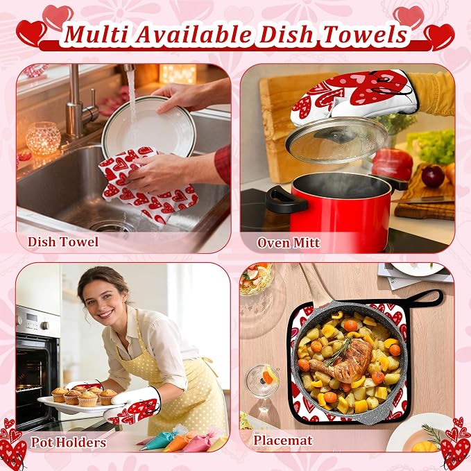 8 Pcs Red Heart Kitchen Decor and Accessories Set 4, Kitchen Dish Towels, Red Love Heart 2 Oven Mitt 2 Pot Holders for Home Decoration Cooking Baking, Mom Daughter Gift Housewarming