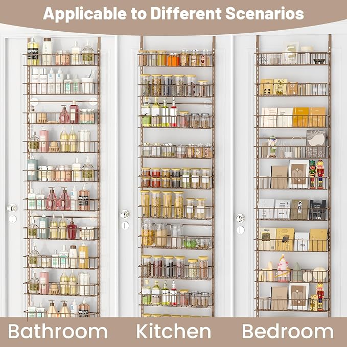 ElegantArray 10-Tier Pantry Door Organizer, Brown | Over The Door Pantry Organizer Rack and Storage, Hanging Spice Rack Shelves Door, Home Office Laundry Room Bathroom & Kitchen